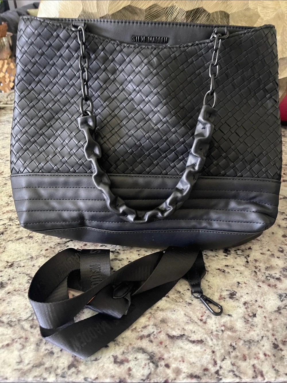 Steve Madden Black Woven Shoulder Bag with Ruched Chain Strap
